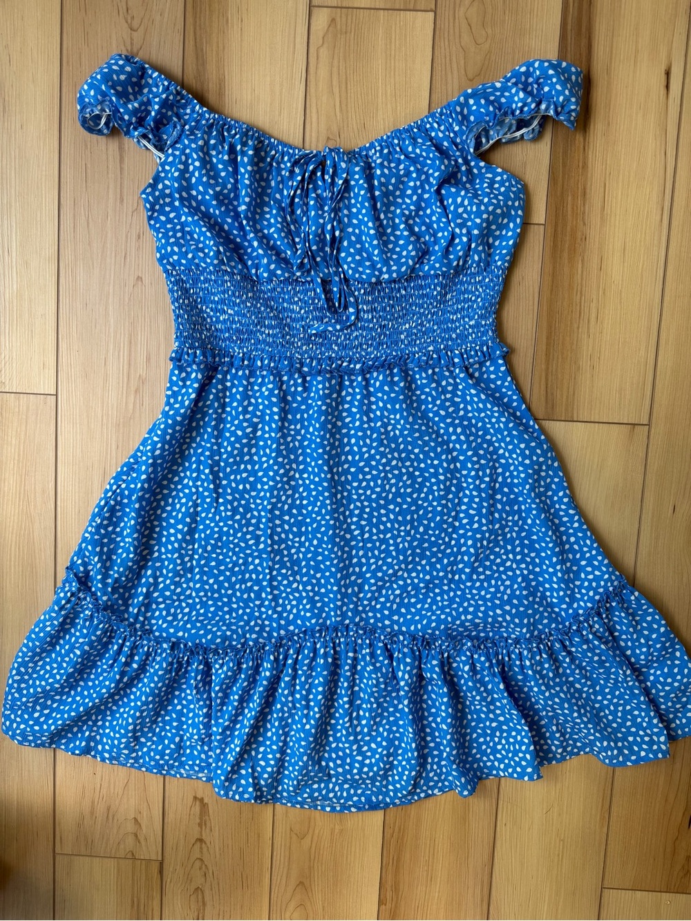 Blue Smocked Off-Shoulder Kids Dress